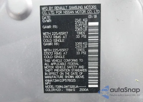 2018 Nissan Rogue Sv from USA, damaged, VIN KNMAT2MV2JP578025